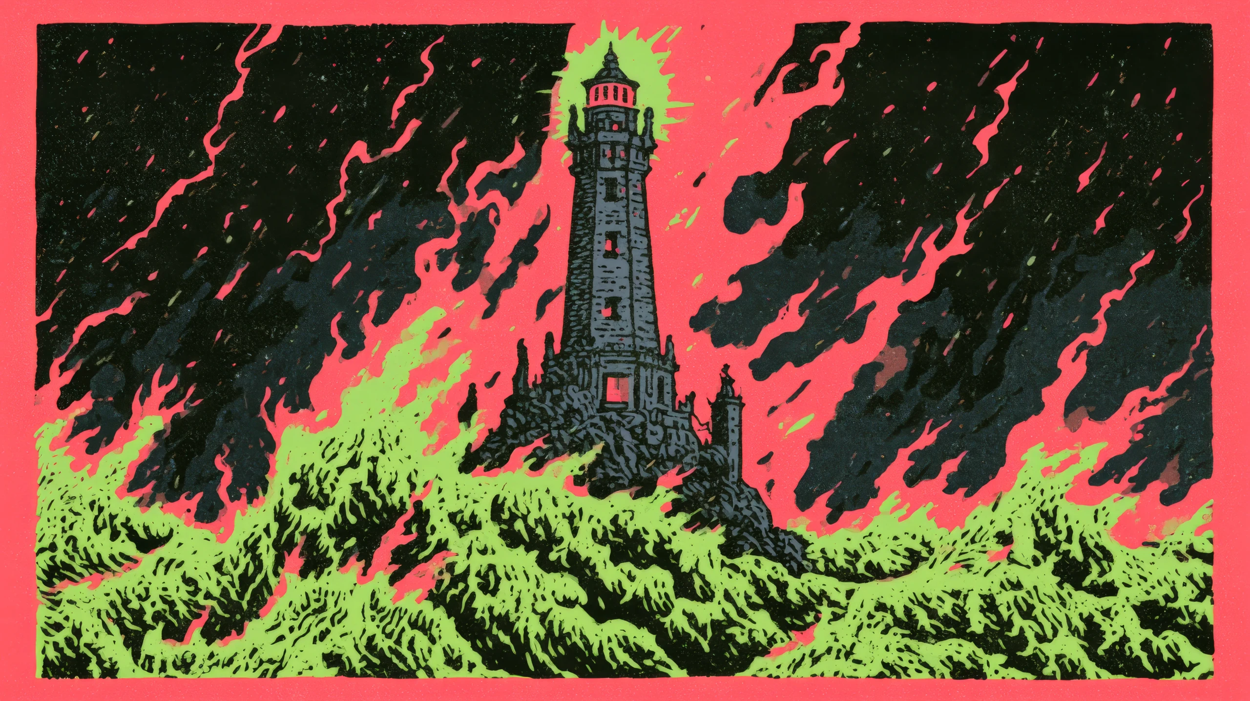 Fluorescent engraved lighthouse above rough seas